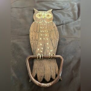 Vintage MCM folk art handmade Owl hand towel holder with lucite/plastic